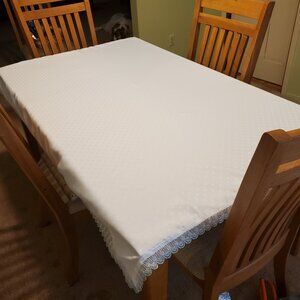 White Fabric Tablecloth Rectangular 62” X 50” with Light Blue Lace Trim